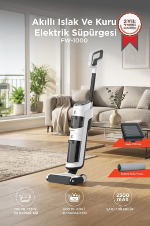 Delux Serisi Yüzey Hızlı Kablosuz Şarjlı Islak Kuru Dikey Süpürge FW1000