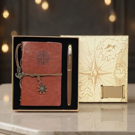 Delux Serisi Pusula Baskılı Deri Defter Kalem Seti Anneye Hediye Bloknot Günlük