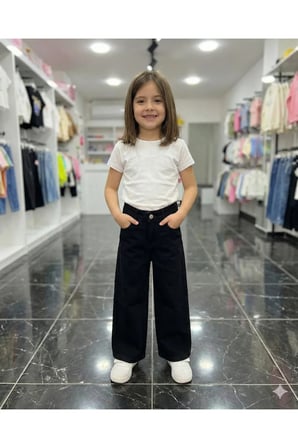 Kız Çocuk Jean Pantolon Palazzo Geniş Bol Paça Okul Kot Pantolon — Siyah
