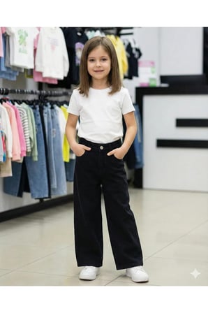 Kız Çocuk Jean Pantolon Palazzo Geniş Bol Paça Okul Kot Pantolon — Siyah