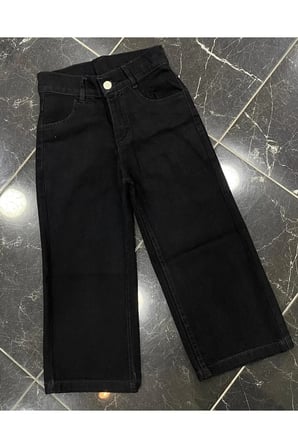 Kız Çocuk Jean Pantolon Palazzo Geniş Bol Paça Okul Kot Pantolon — Siyah
