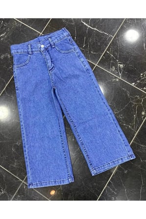 Kız Çocuk Jean Pantolon Palazzo Geniş Bol Paça Okul Kot Pantolon — Mavi