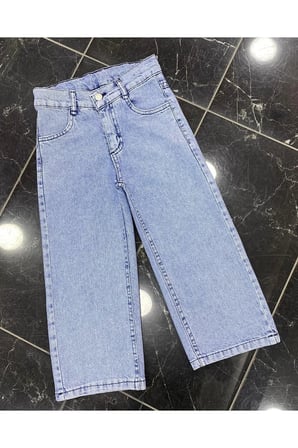 Kız Çocuk Jean Pantolon Palazzo Geniş Bol Paça Okul Kot Pantolon — Açık Mavi
