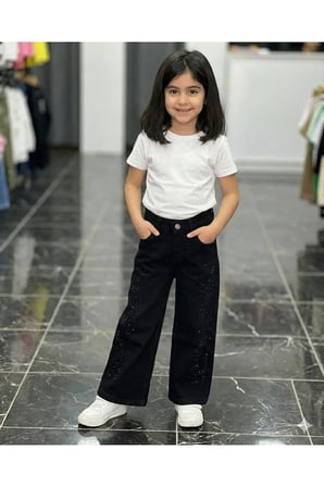 Kız Çocuk Jean Pantolon Palazzo Geniş Bol Paça Taş detaylı Kot Pantolon — Siyah