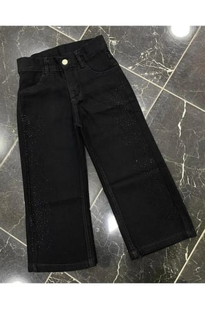Kız Çocuk Jean Pantolon Palazzo Geniş Bol Paça Taş detaylı Kot Pantolon — Siyah