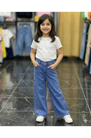 Kız Çocuk Jean Pantolon Palazzo Geniş Bol Paça Taş detaylı Kot Pantolon — Mavi
