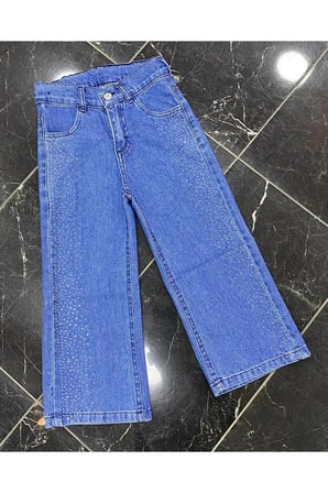 Kız Çocuk Jean Pantolon Palazzo Geniş Bol Paça Taş detaylı Kot Pantolon — Mavi