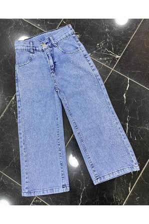 Kız Çocuk Jean Pantolon Palazzo Geniş Bol Paça Taş detaylı Kot Pantolon — Açık Mavi
