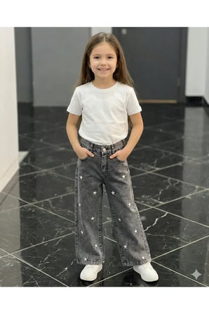 Kız Çocuk Jean Pantolon Palazzo Geniş Bol Paça Yıldız Nakışlı Kot Pantolon — Gri