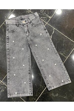 Kız Çocuk Jean Pantolon Palazzo Geniş Bol Paça Yıldız Nakışlı Kot Pantolon — Gri