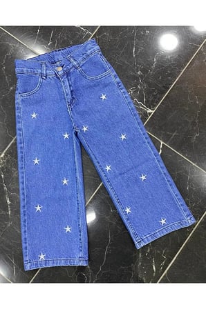 Kız Çocuk Jean Pantolon Palazzo Geniş Bol Paça Yıldız Nakışlı Kot Pantolon — Mavi