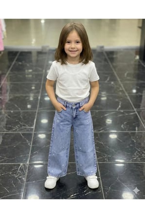 Kız Çocuk Jean Pantolon Palazzo Geniş Bol Paça Yıldız Nakışlı Kot Pantolon — Açık Mavi