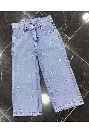 Kız Çocuk Jean Pantolon Palazzo Geniş Bol Paça Yıldız Nakışlı Kot Pantolon — Açık Mavi