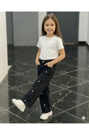 Kız Çocuk Jean Pantolon Palazzo Geniş Bol Paça Yıldız Nakışlı Kot Pantolon — Siyah