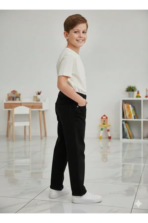 Erkek Çocuk Pamuklu Beli Lastikli Baggy Jean Pantolon Rahat Kalıp Geniş Bol Paça Kot Pantolon — Siyah