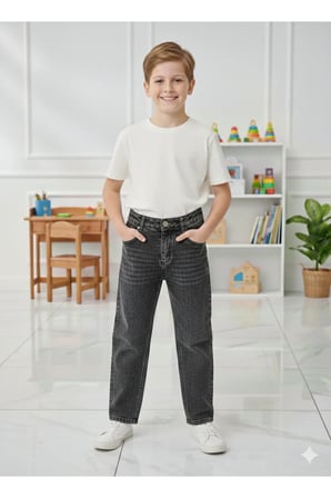 Erkek Çocuk Pamuklu Beli Lastikli Baggy Jean Pantolon Rahat Kalıp Geniş Bol Paça Kot Pantolon — Füme Gri