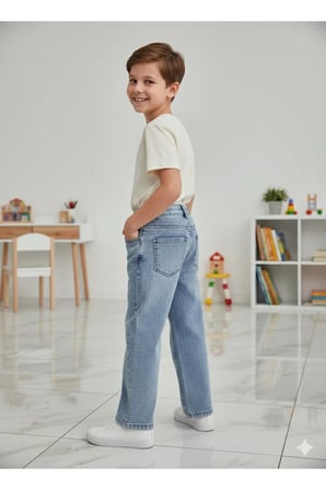 Erkek Çocuk Pamuklu Beli Lastikli Baggy Jean Pantolon Rahat Kalıp Geniş Bol Paça Kot Pantolon — Buz Mavi