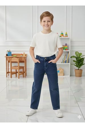 Erkek Çocuk Pamuklu Beli Lastikli Baggy Jean Pantolon Rahat Kalıp Geniş Bol Paça Kot Pantolon — Koyu Mavi