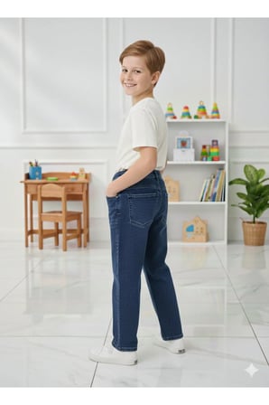 Erkek Çocuk Pamuklu Beli Lastikli Baggy Jean Pantolon Rahat Kalıp Geniş Bol Paça Kot Pantolon — Koyu Mavi