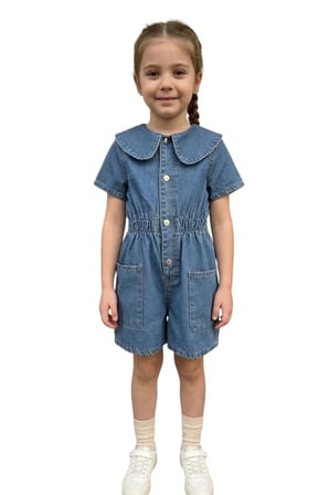 Kız Çocuk Denim Kot Yazlık Kısa Kol Bebe Yaka Çıtçıtlı Günlük Bayramlık Tulum — Mavi
