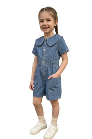 Kız Çocuk Denim Kot Yazlık Kısa Kol Bebe Yaka Çıtçıtlı Günlük Bayramlık Tulum — Mavi