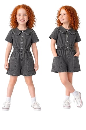 Kız Çocuk Denim Kot Yazlık Kısa Kol Bebe Yaka Çıtçıtlı Günlük Bayramlık Tulum — Antrasit