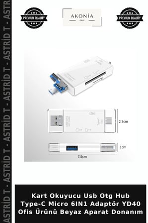 Kart Okuyucu Usb Otg Hub Type-C Micro 6IN1 Adaptör YD40 Ofis Ürünü Beyaz Aparat Donanım