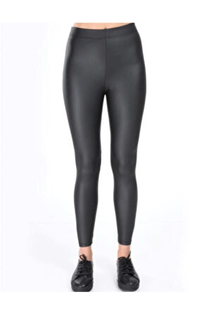 Kadın Siyah Ince Kemer Mat Deri Şardonlu Tayt