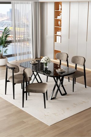Jolin Serisi Mdf 90x168 Siyah Mermer Desen Masa Takımı 4 Cappucino Metal Sandalye