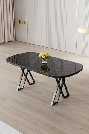 Jolin Serisi Mdf 90x168 Siyah Mermer Desen Masa Takımı 4 Cappucino Metal Sandalye