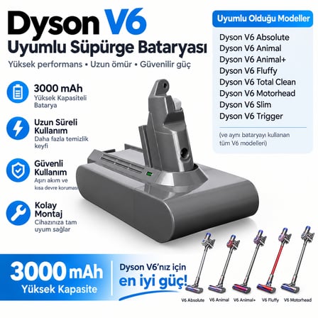 Dyson V6 Trigger ile uyumlu süpürge bataryası 3000 mah