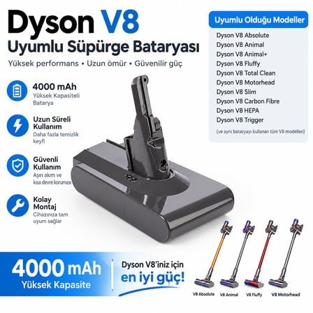 Dyson V8 SV10 ile uyumlu süpürge bataryası 4000 mah