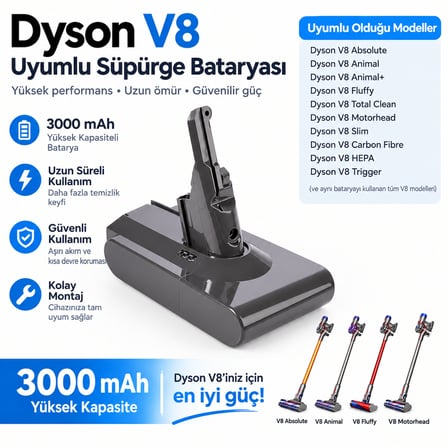 Dyson V8 Origin ile uyumlu süpürge bataryası 3000 mah