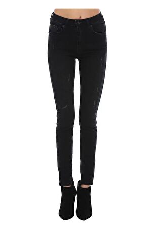 Siyah Denim Taşlanmış Efektli Kadın Pantolon