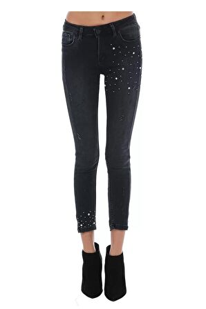 Siyah Denim İnci Taş ve Paça Detaylı Kadın Pantolon
