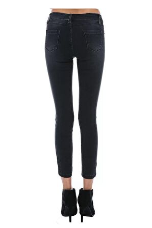 Siyah Denim İnci Taş ve Paça Detaylı Kadın Pantolon