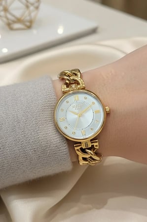 Zincir Model, Çelik Bilezik Altın / Metalik Yeşil Kadran,Kadın Kol Saati