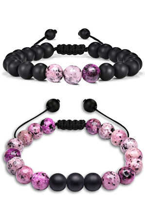 Sertifikalı Gerçek Pembe Renk Kuvars Taşı Çift Doğal Taş Bileklik Seti Doğal Kuvars Pembe Renk