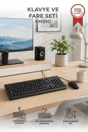 Premium Kablolu Q Klavye Mouse Seti KM290 Siyah Bağlantı Ofis Günlük