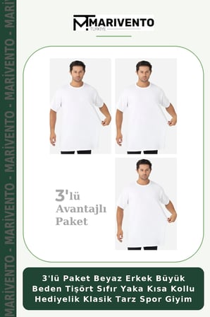 3'lü Paket Beyaz Erkek Büyük Beden Tişört Sıfır Yaka Kısa Kollu Hediyelik Klasik Tarz Spor Giyim