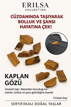 Sertifikalı Ham Cüzdan Boy Kaplan Gözü Taşı Kütle - Cesaret, Odak Günlük Koruma Taşı