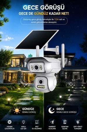 2 Kameralı 6MP 4G Sim Kartlı Solar Panelli Sürekli Kayıt Teknolojili Güvenlik Kamerası