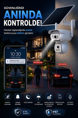 2 Kameralı 6MP Solar Panelli Aov Sürekli Kayıt Teknolojili Hareket Algılamalı Güvenlik Kamerası