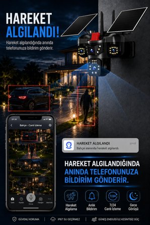 4 Kameralı WİFİ 12MP Çift Solar Panelli Hareket Algılamalı Güvenlik Kamerası