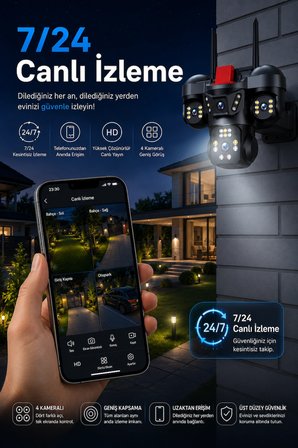 4 Kameralı 12MP WİFİ Adaptörlü Gece Görüşlü Hareket Bildirimi Gönderen Güvenlik Kamerası