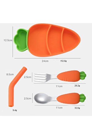 Vakumlu Silikon Mama Tabağı Ve Önlük, Silikon Saplı Paslanmaz Çelik Uçlu Kaşık-çatal (HAVUÇ FİGÜRLÜ)