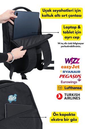 Seyahat Sırt Çantası 40cm 40x25x15 cm Pegasus, Wizz Air, Ryanair, El Valizi Koltuk Altı Valizi