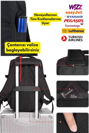 Seyahat Sırt Çantası 40cm 40x25x15 cm Pegasus, Wizz Air, Ryanair, El Valizi Koltuk Altı Valizi