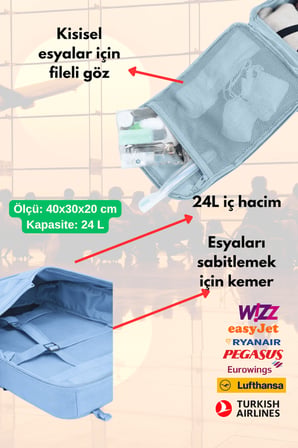 Seyahat Sırt Çantası 40cm 40x25x15 cm Pegasus, Wizz Air, Ryanair, El Valizi Koltuk Altı Valizi