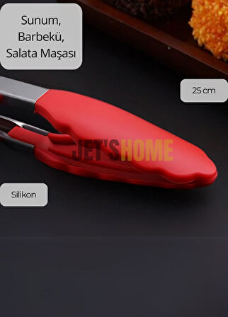 Sunum Maşası Barbekü Maşası Mangal Maşa Silikon Salata Maşası Kırmızı 25 cm